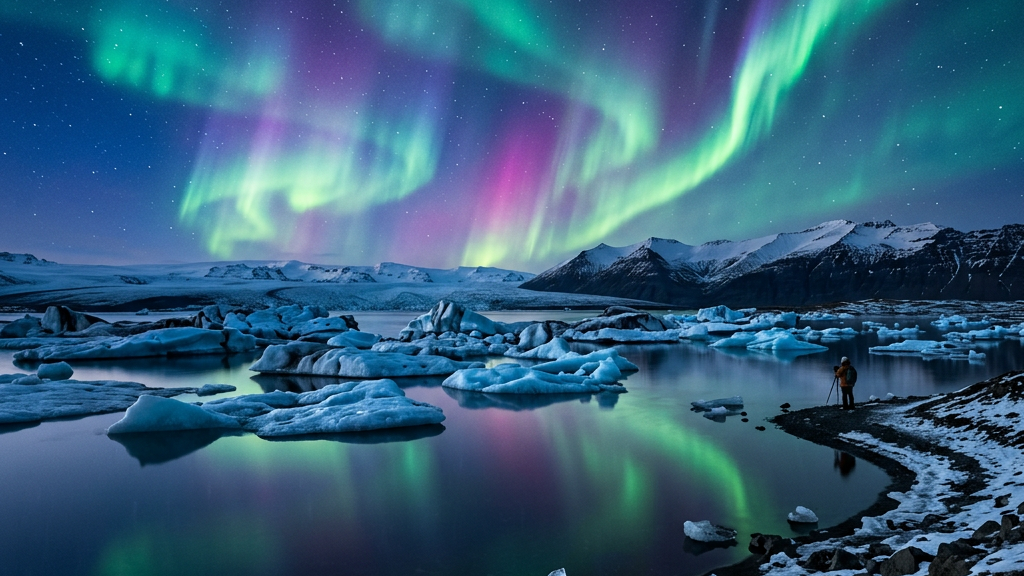 Green and purple aurora over an icy glacial lagoon with mountains